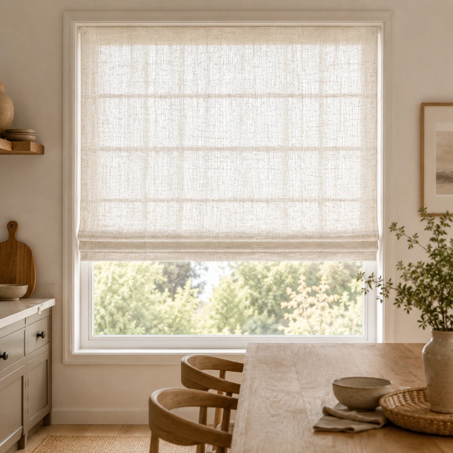 Custom Textured Sheer Roman Shade in a real California family home by Fredesigner