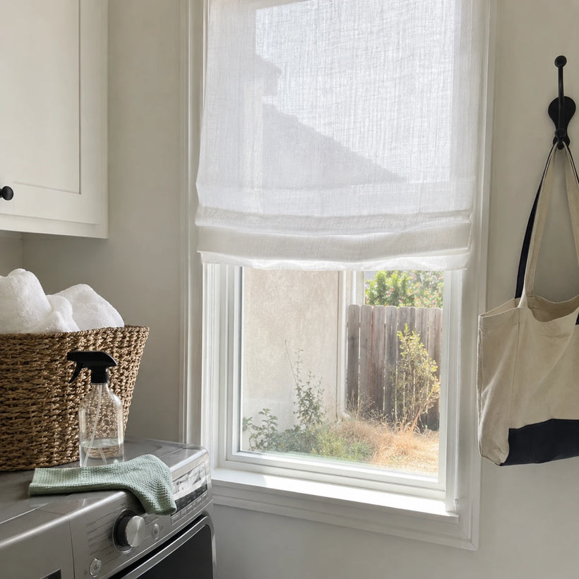 Custom Textured Sheer Roman Shade in a real California family home by Fredesigner