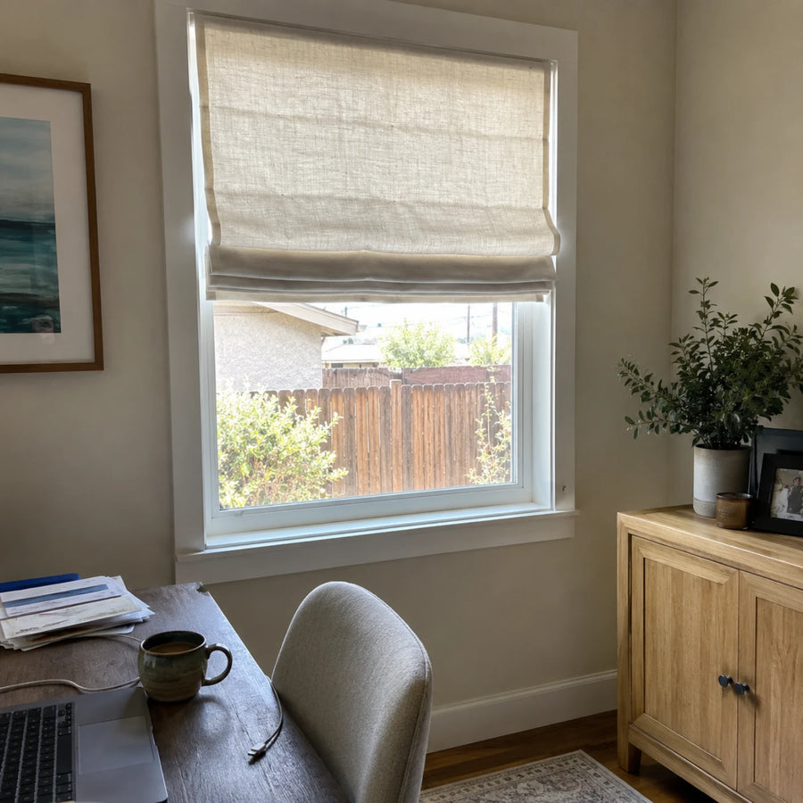 Custom Textured Sheer Roman Shade in a real California family home by Fredesigner