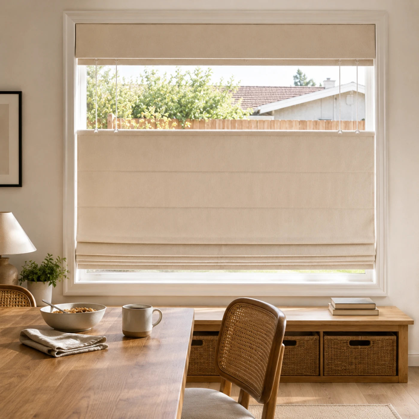 Custom Top Down Bottom Up Roman Shade in a real California family home by Fredesigner