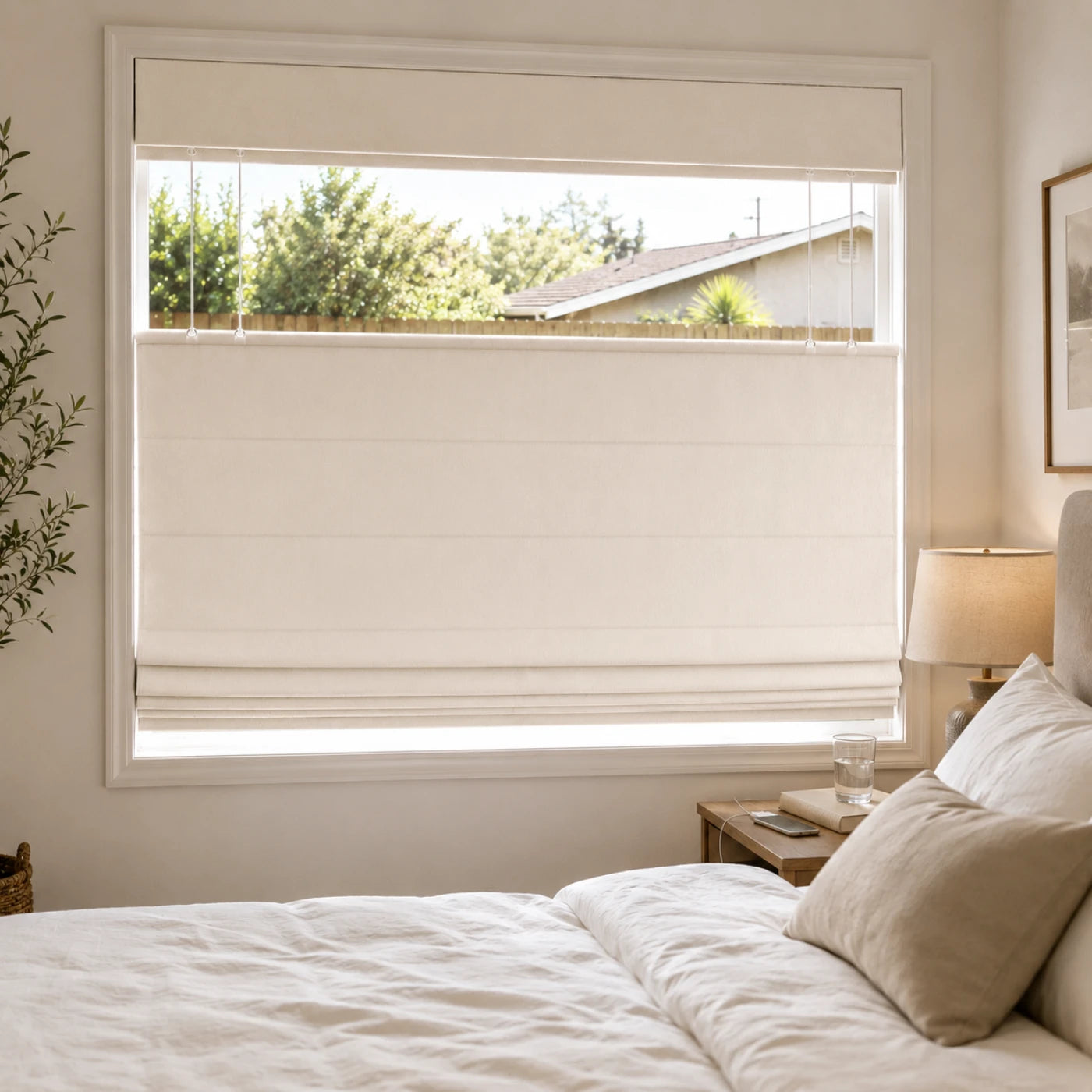 Custom Top Down Bottom Up Roman Shade in a real California family home by Fredesigner