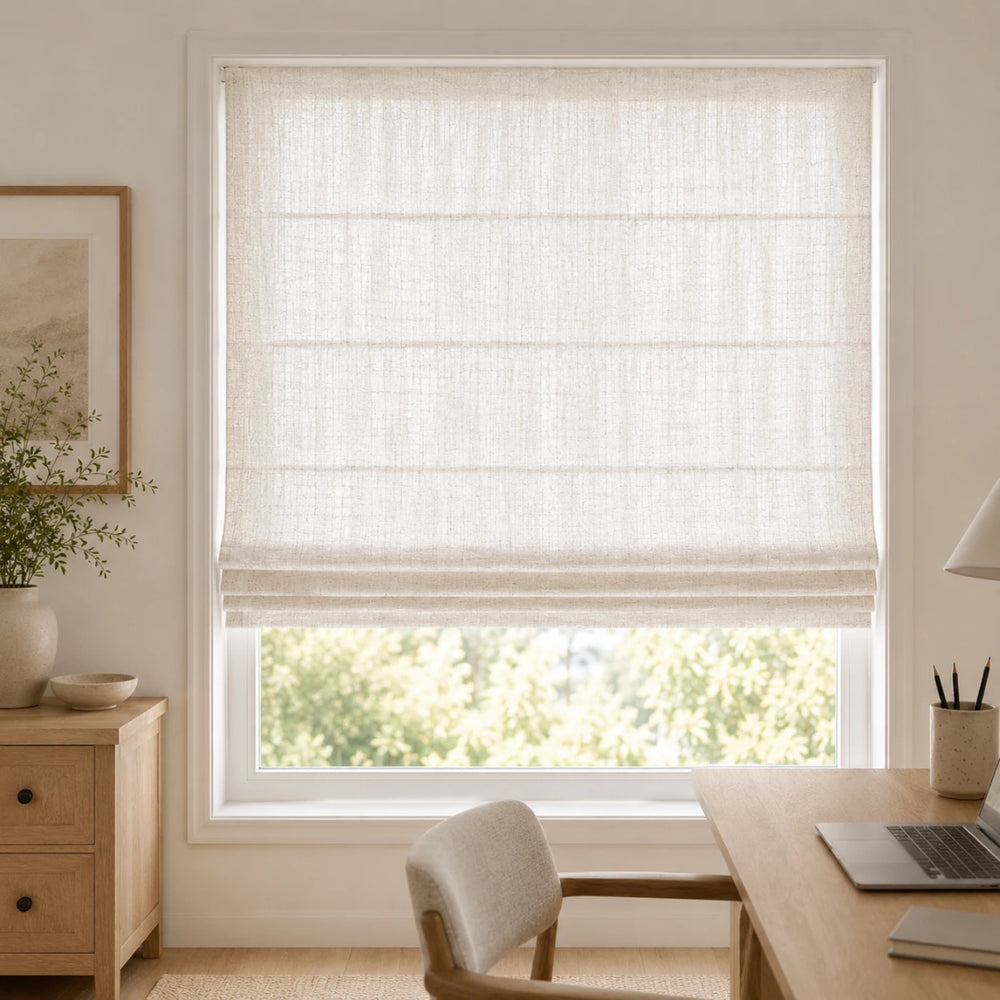 Custom White Linen Plain Fold Roman Shade in a real California family home by Fredesigner