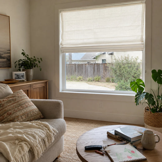 Custom White Linen Plain Fold Roman Shade in a real California family home by Fredesigner