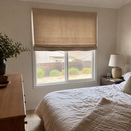 Custom White Linen Plain Fold Roman Shade in a real California family home by Fredesigner