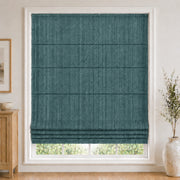 Custom White Linen Plain Fold Roman Shade color option Everglade Teal (