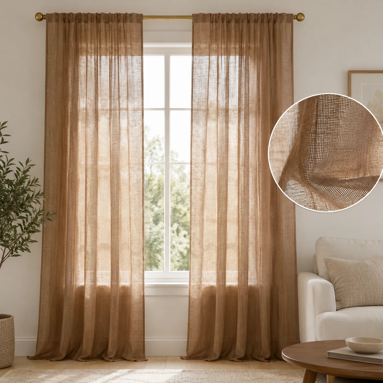 Extra Wide Curtains Sheer Curtains for Living Room Damme - Light Brown D87-4 browser generated product photo