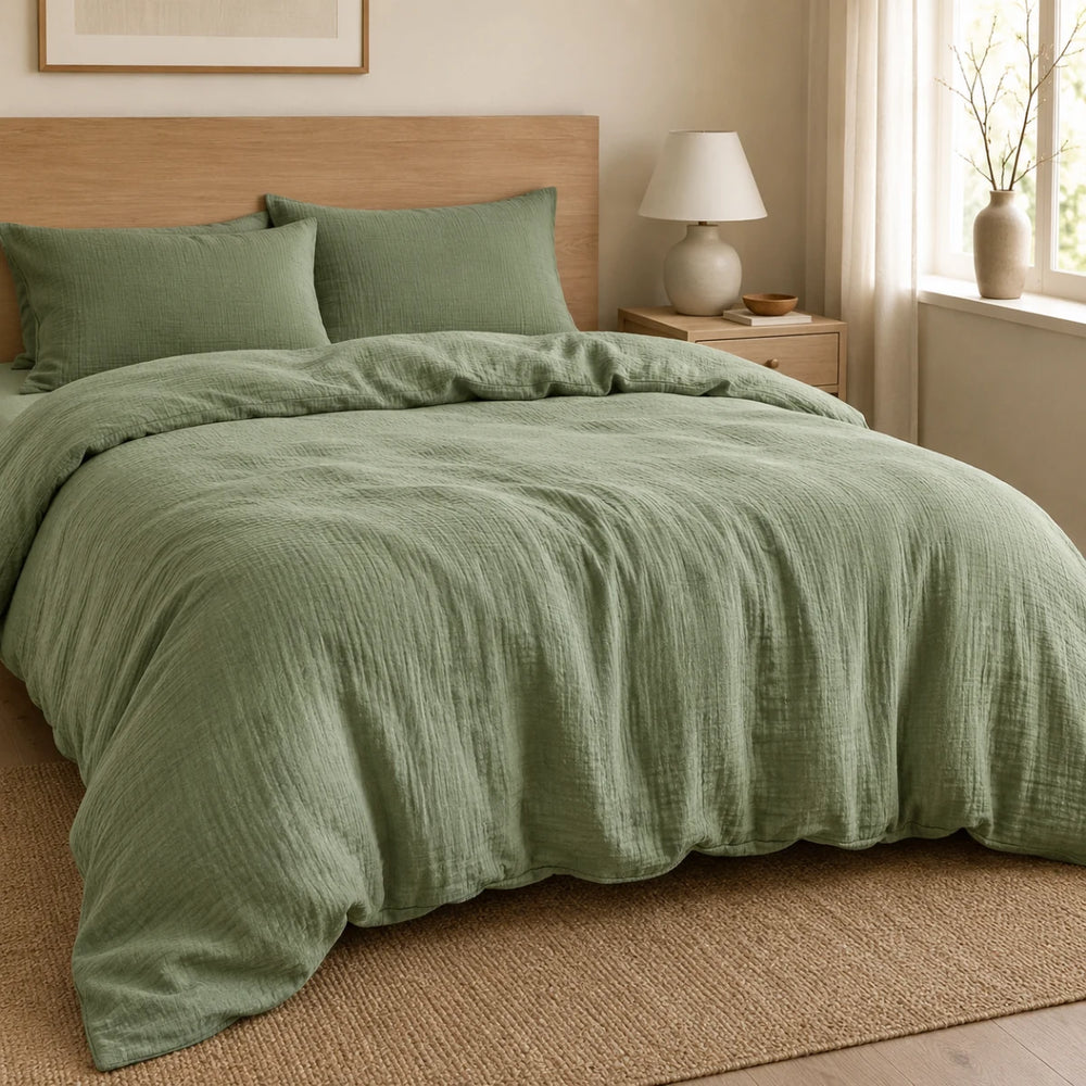 Double-Layer Gauze Muslin Cotton Duvet Cover - Green browser generated product photo