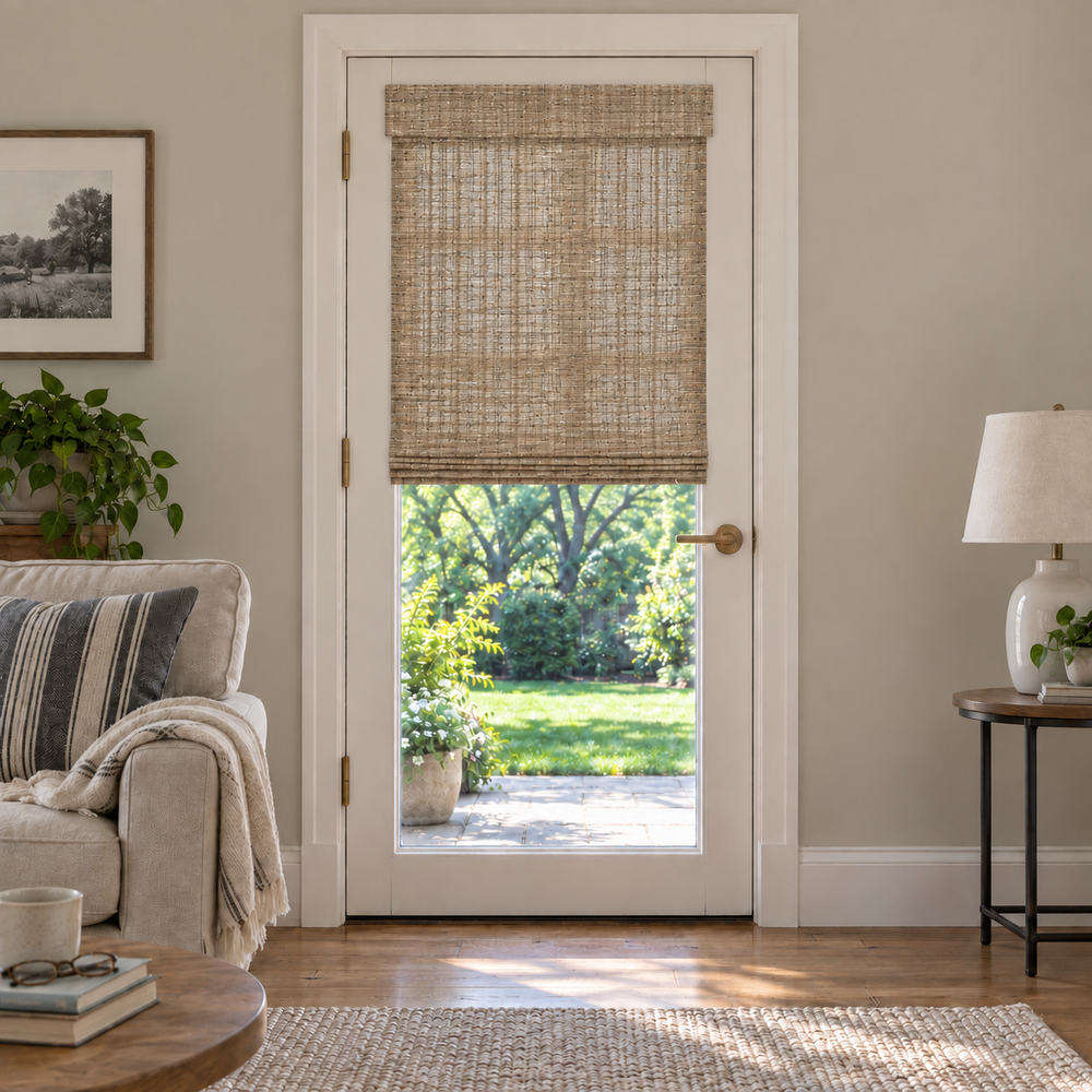 Custom Tessora French Door Bamboo Shades - Honeynut D15-04 browser generated product photo by Fredesigner