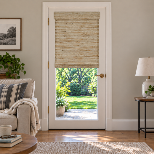 Custom Tessora French Door Bamboo Shades - Ramie Beige 390 / TWOPAGES LN36 browser generated product photo by Fredesigner