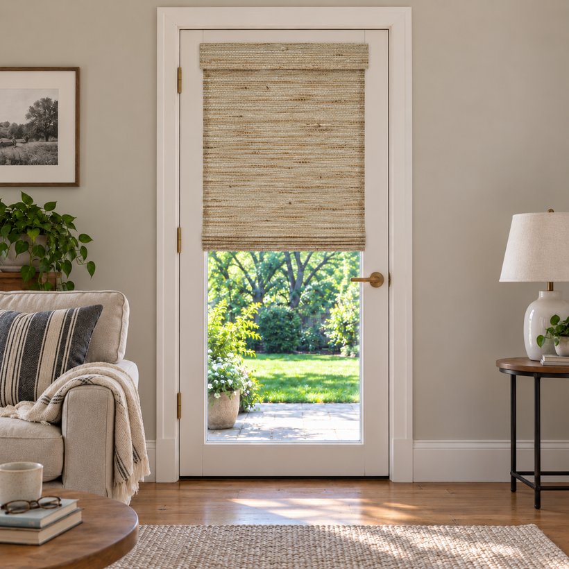 Custom Tessora French Door Bamboo Shades - Ramie Beige 390 / TWOPAGES LN36 browser generated product photo by Fredesigner