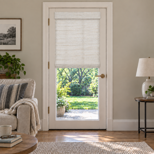 Custom Tessora French Door Bamboo Shades - Ramie Beige White 390-02 / TWOPAGES LN57 browser generated product photo by Fredesigner