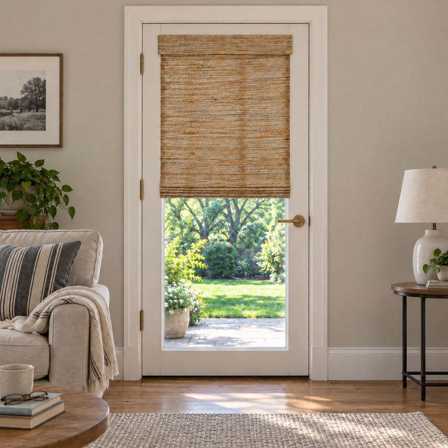 Custom Tessora French Door Bamboo Shades - Honeynut D15-04 browser generated product photo by Fredesigner
