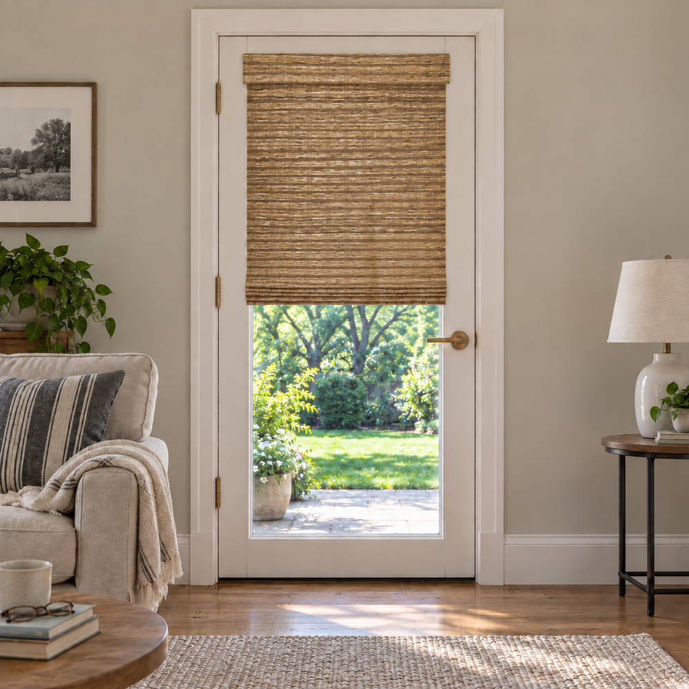 Custom Solenne French Door Bamboo Shades - Pecan H11-1 browser generated product photo by Fredesigner