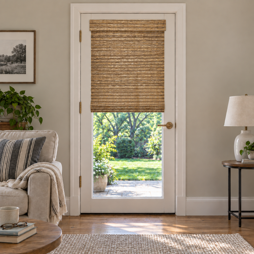 Custom Solenne French Door Bamboo Shades - Pecan H11-1 browser generated product photo by Fredesigner