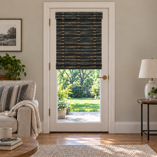 Custom Solenne French Door Bamboo Shades - Inkwell Oak H11-10 browser generated product photo by Fredesigner