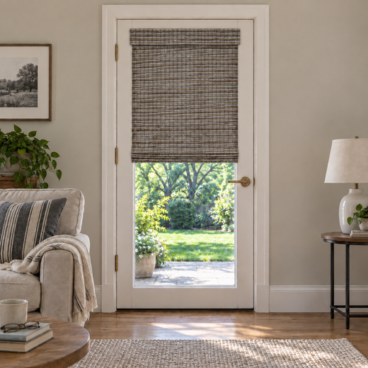 Custom Solenne French Door Bamboo Shades - Misty Sage H11-7 browser generated product photo by Fredesigner