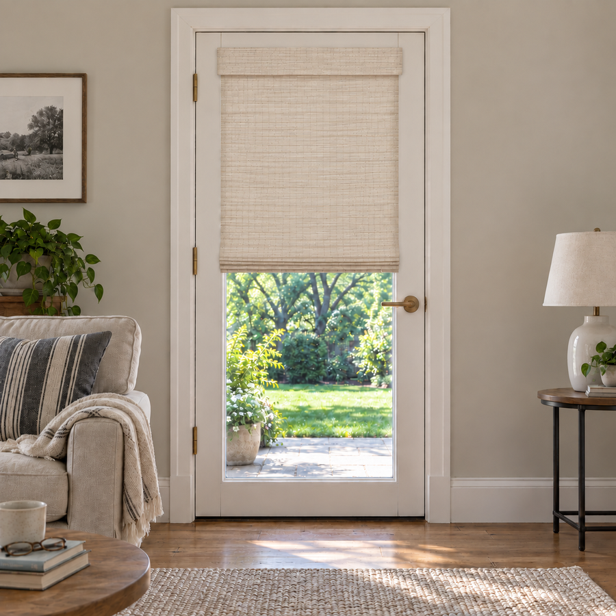 Custom Auvia French Door Bamboo Shades - Sandstone NA002 browser generated product photo by Fredesigner