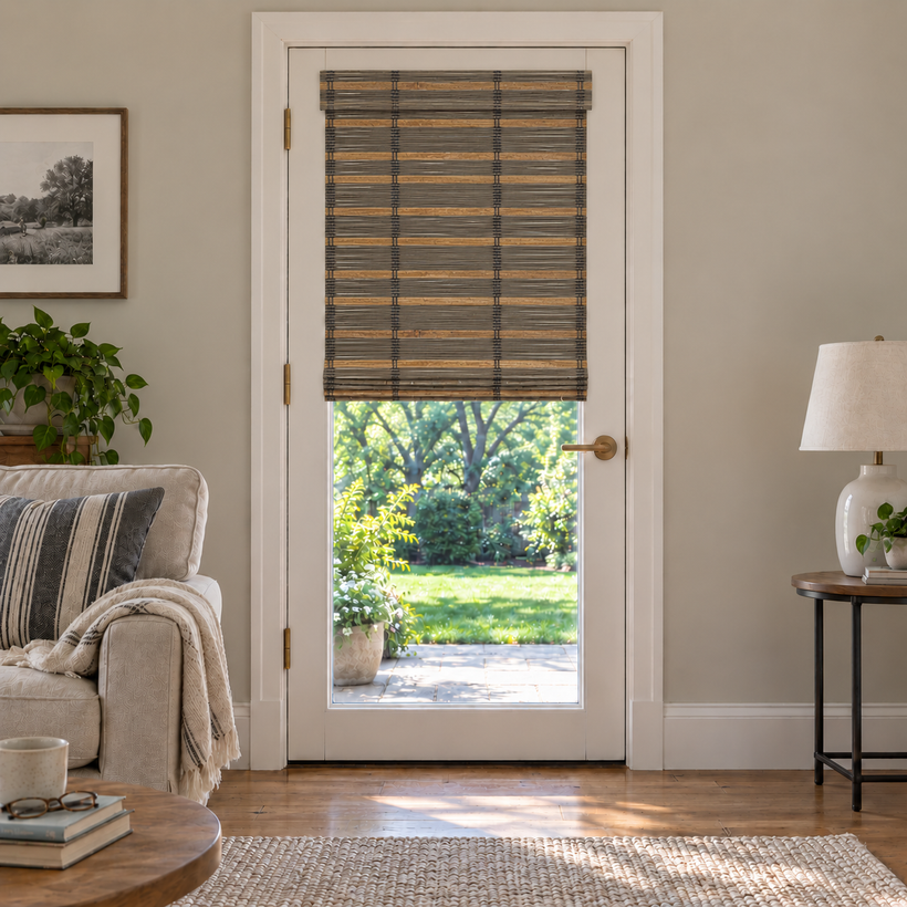 Custom Auvia French Door Bamboo Shades - Nomi Coffee browser generated product photo by Fredesigner