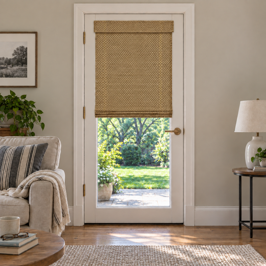 Custom Auvia French Door Bamboo Shades - Nomi Light Brown browser generated product photo by Fredesigner