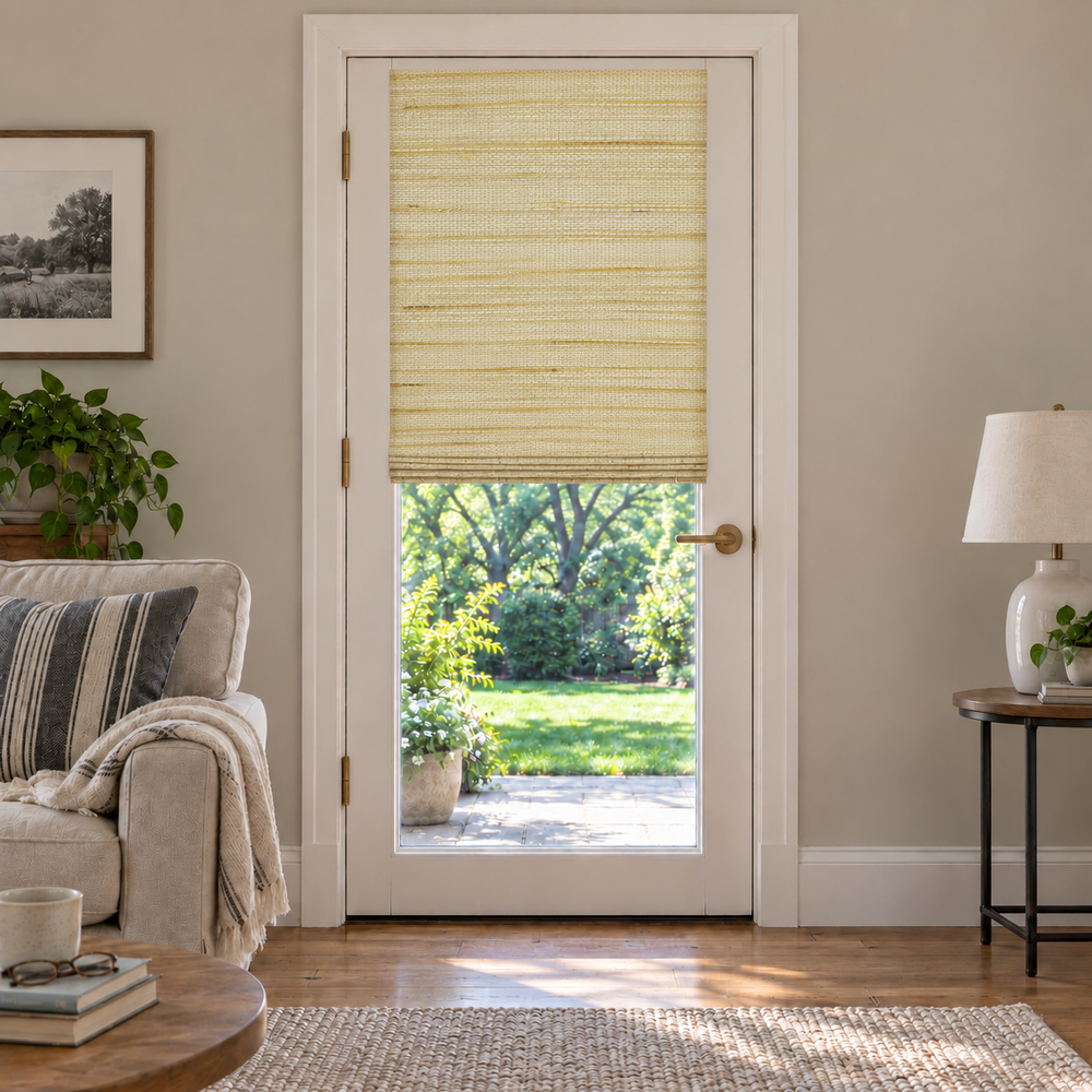 Custom Natural French Door Bamboo Shades - Oatmeal Yellow NU-01 browser generated product photo by Fredesigner