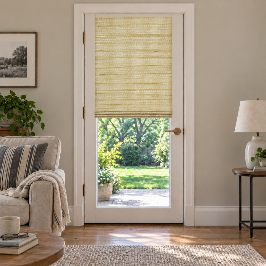 Custom Natural French Door Bamboo Shades - Oatmeal Yellow NU-01 browser generated product photo by Fredesigner