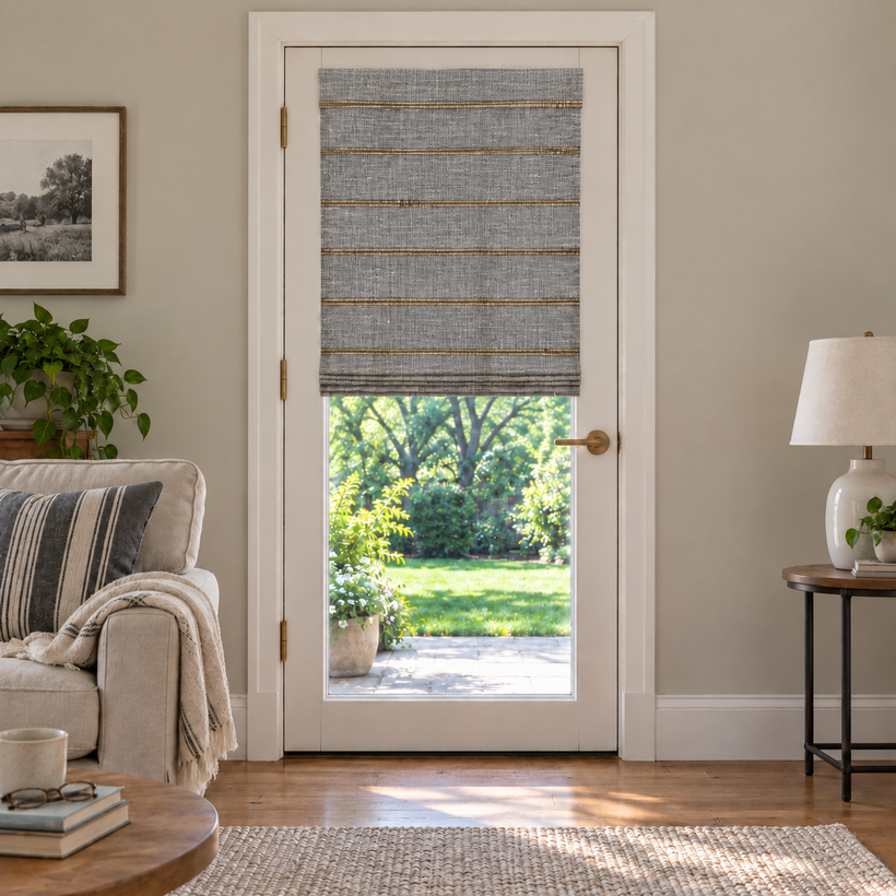 Custom Natural French Door Bamboo Shades - Natural Black Gold NU-03 browser generated product photo by Fredesigner