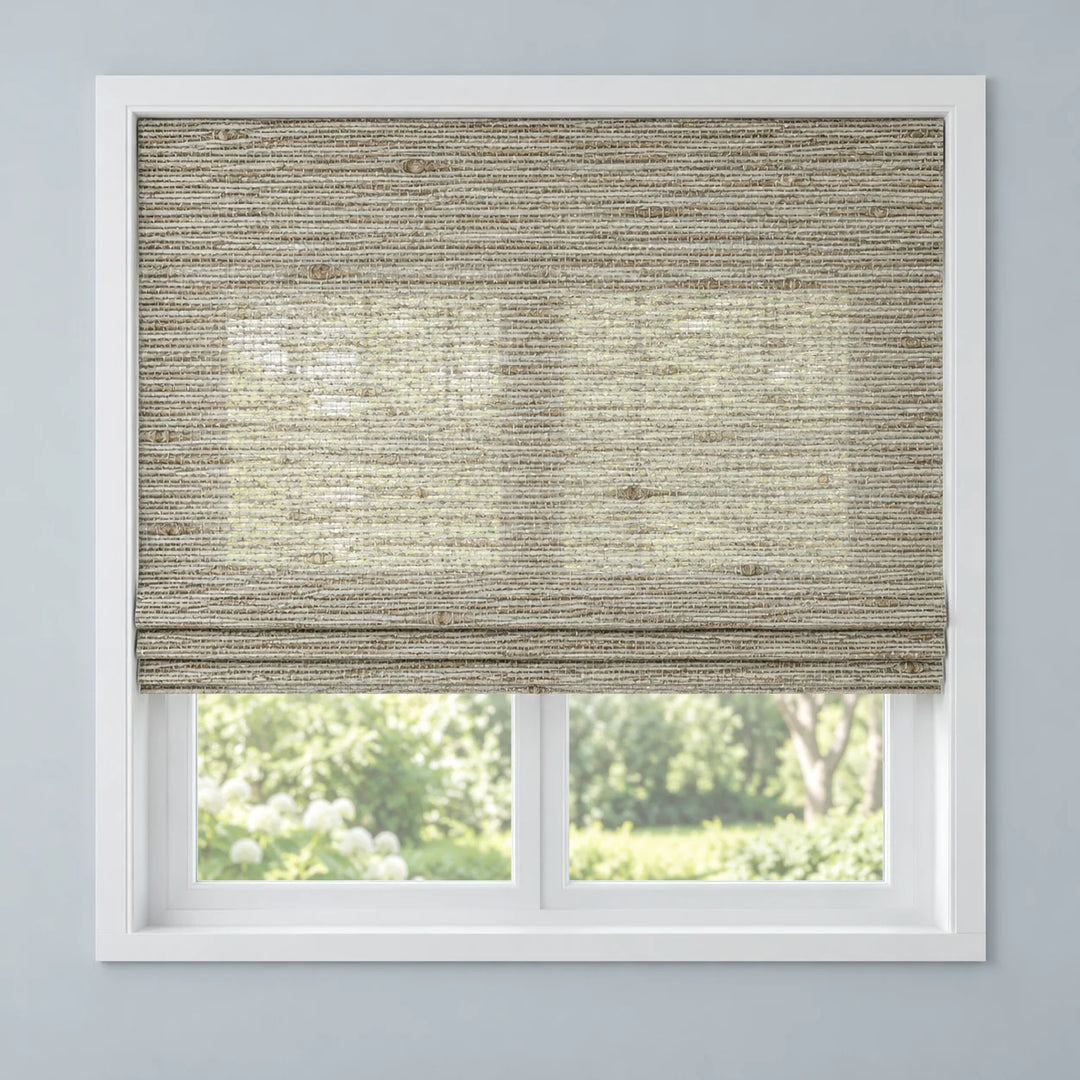 Gray Beige woven Roman shade D039 mounted inside a white window frame
