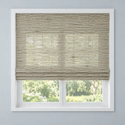Gray Beige woven Roman shade D039 mounted inside a white window frame