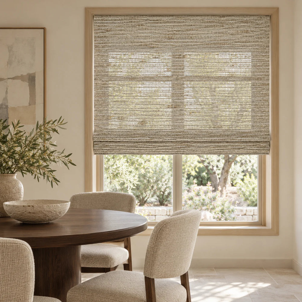 Gray Beige woven Roman shade D039 mounted inside a white window frame