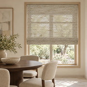 Gray Beige woven Roman shade D039 in a sunlit room