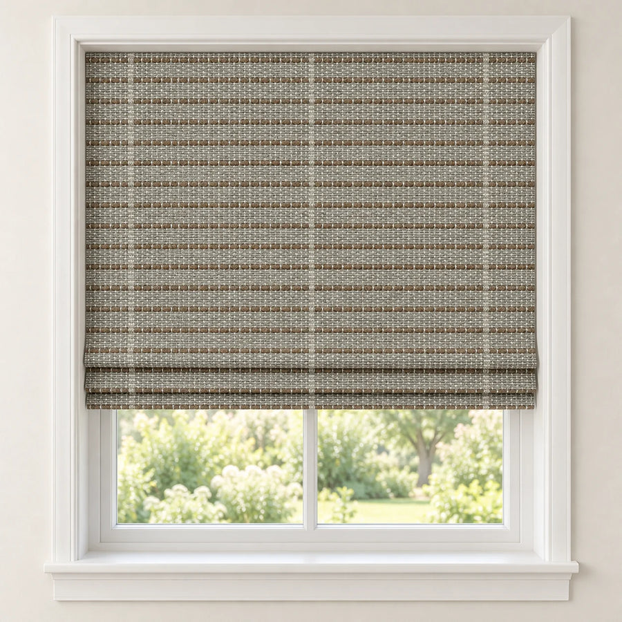 Silver Taupe woven Roman shade D1303 mounted inside a white window frame