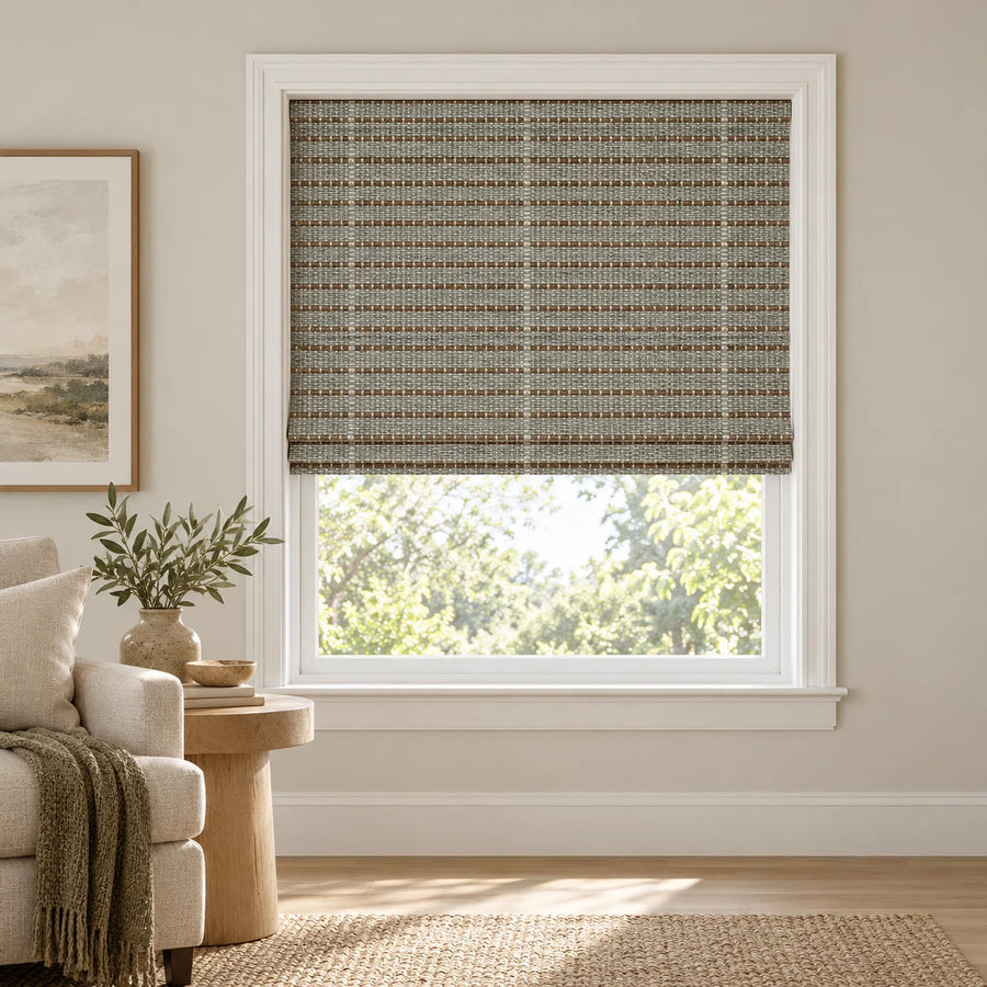 Silver Taupe woven Roman shade D1303 in a sunlit room