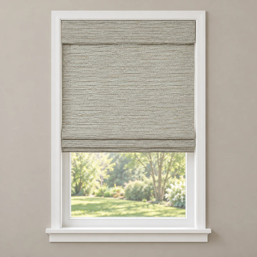 Pale Gray woven Roman shade D3902 mounted inside a white window frame