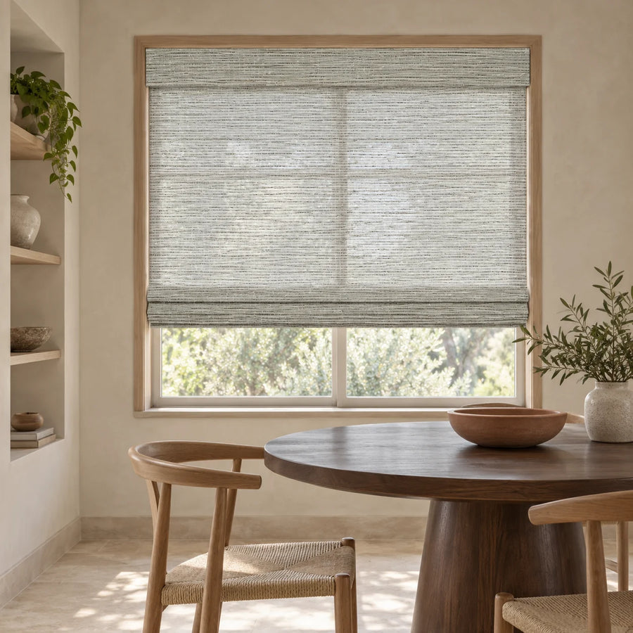 Pale Gray woven Roman shade D3902 in a sunlit room