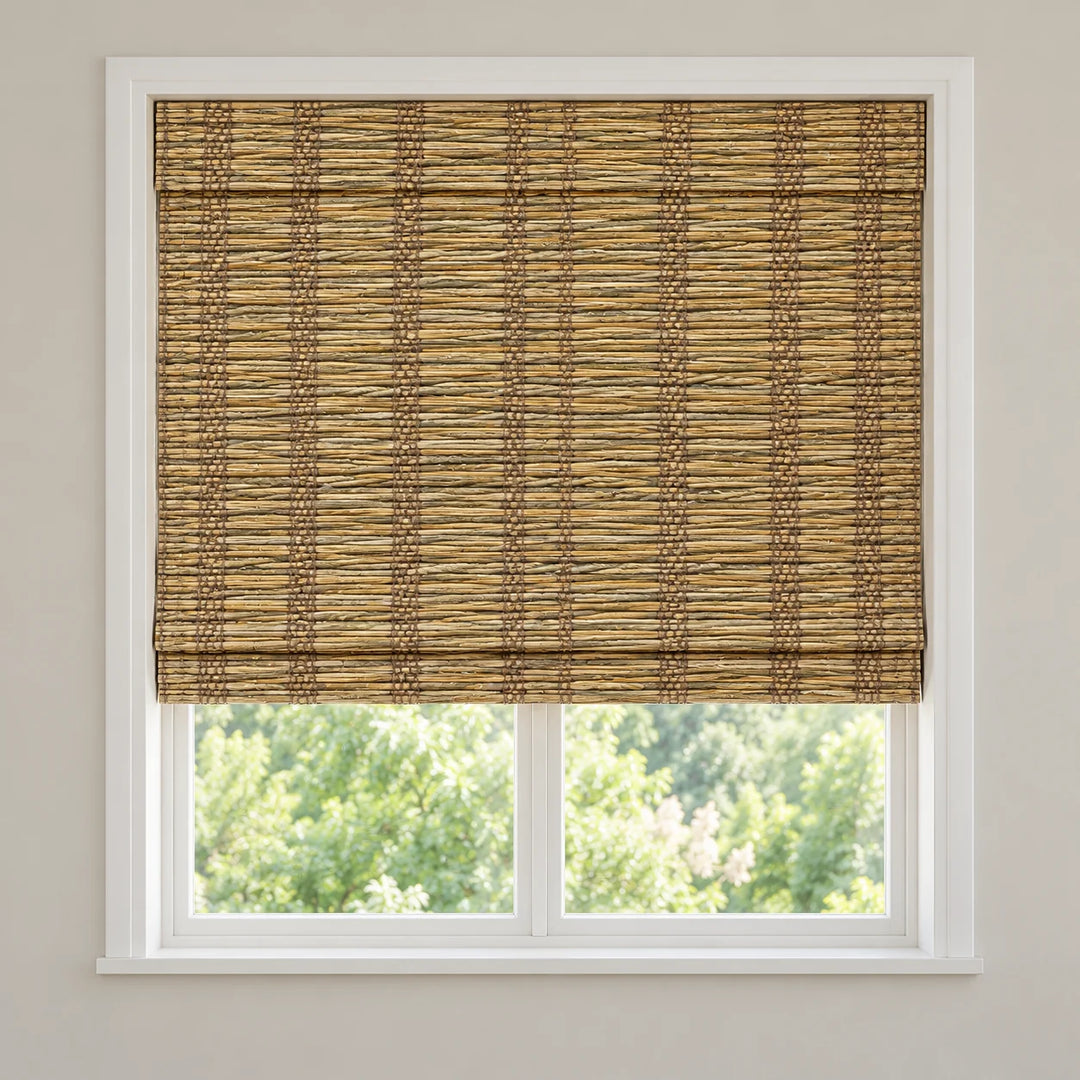 Golden Straw woven Roman shade D833 mounted inside a white window frame