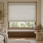 White Gray woven Roman shade DU01 in a sunlit room