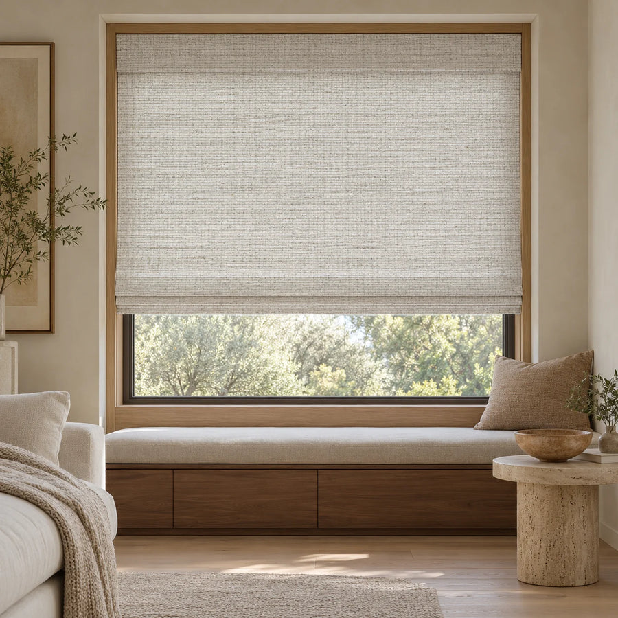 White Gray woven Roman shade DU01 in a sunlit room