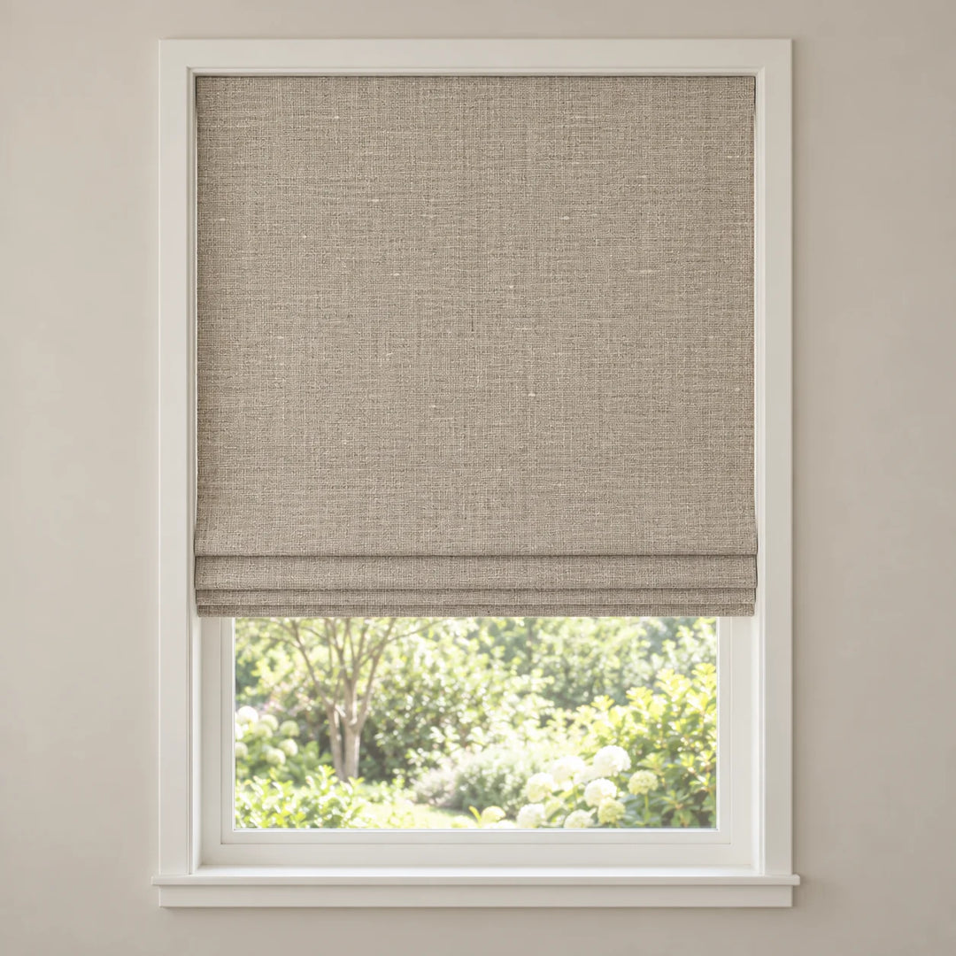 Beige Gray woven Roman shade DU04 mounted inside a white window frame