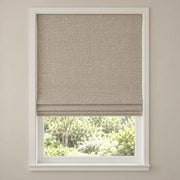 Beige Gray woven Roman shade DU04 mounted inside a white window frame
