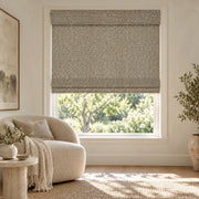 Beige Gray woven Roman shade DU04 in a sunlit room