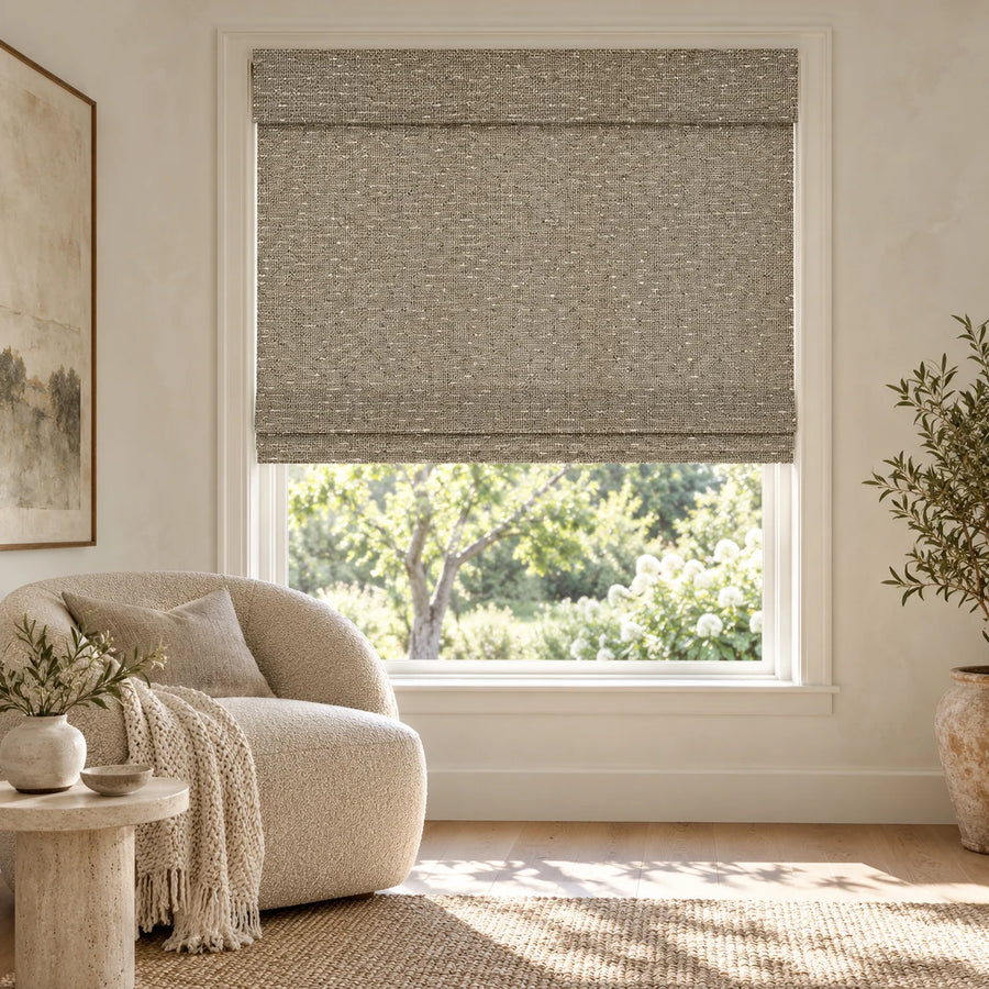 Beige Gray woven Roman shade DU04 in a sunlit room