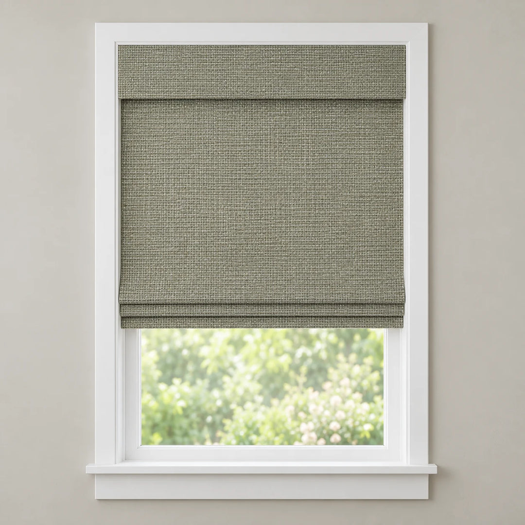 Gray Green woven Roman shade DU22 mounted inside a white window frame