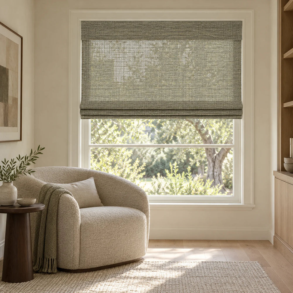 Gray Green woven Roman shade DU22 mounted inside a white window frame