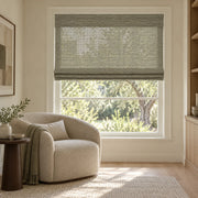 Gray Green woven Roman shade DU22 in a sunlit room