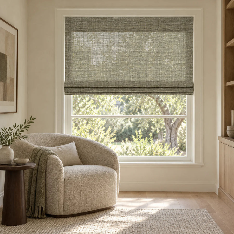 Gray Green woven Roman shade DU22 in a sunlit room