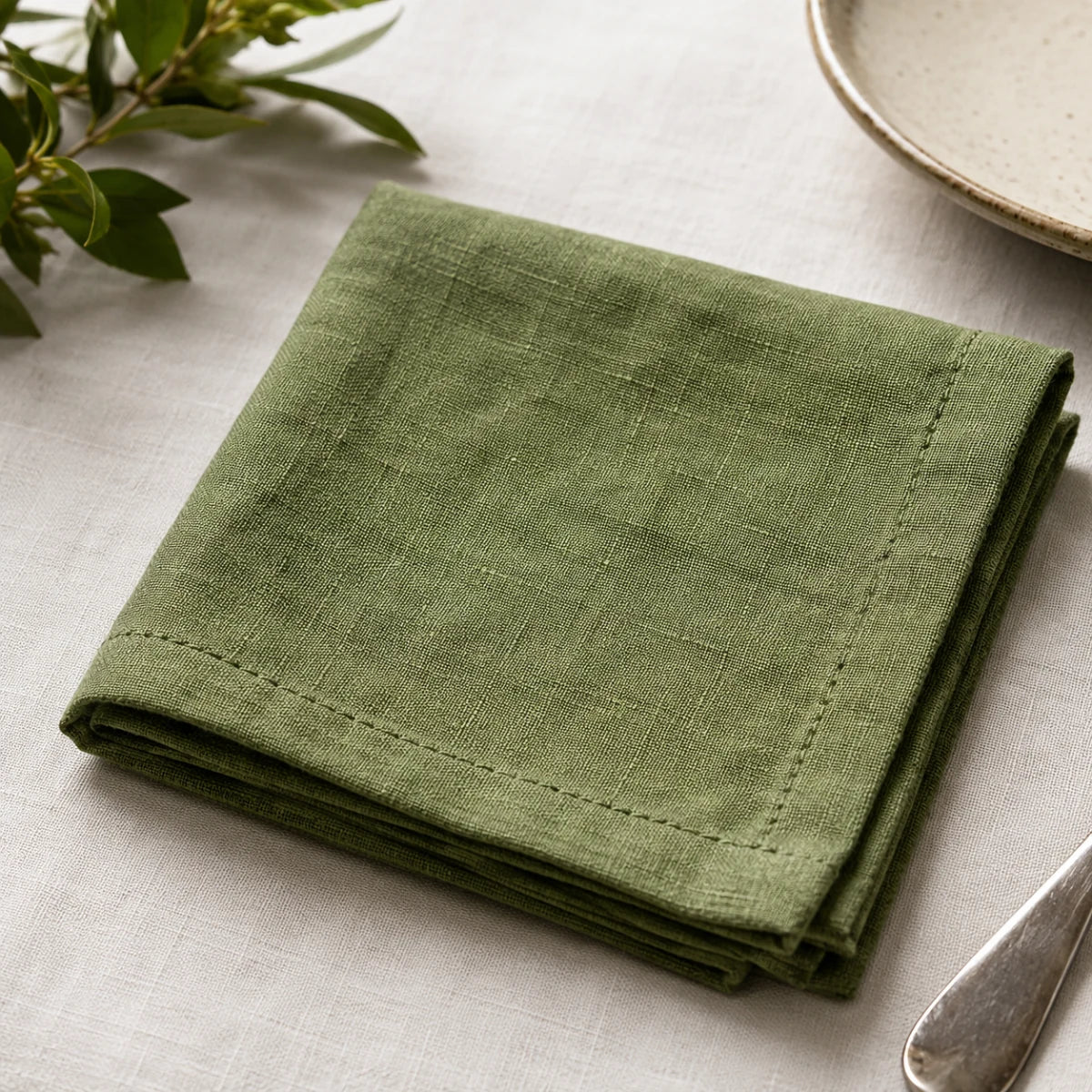 100% Linen Beverage Party Napkin With Embroidery - Green browser generated product photo
