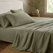 100% Linen White/Sage Green Solid Fitted Sheet Sets - Sage Green Linen Sheet browser generated product photo