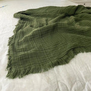 Deep Green Gauze Blanket with Fringed Edges - Fredesigner