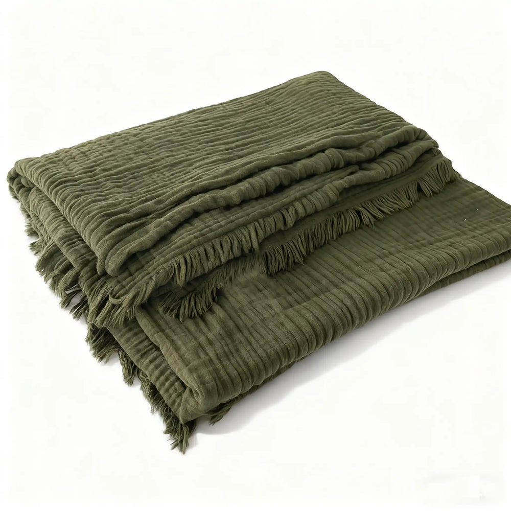 Deep Green Gauze Blanket with Fringed Edges - Fredesigner
