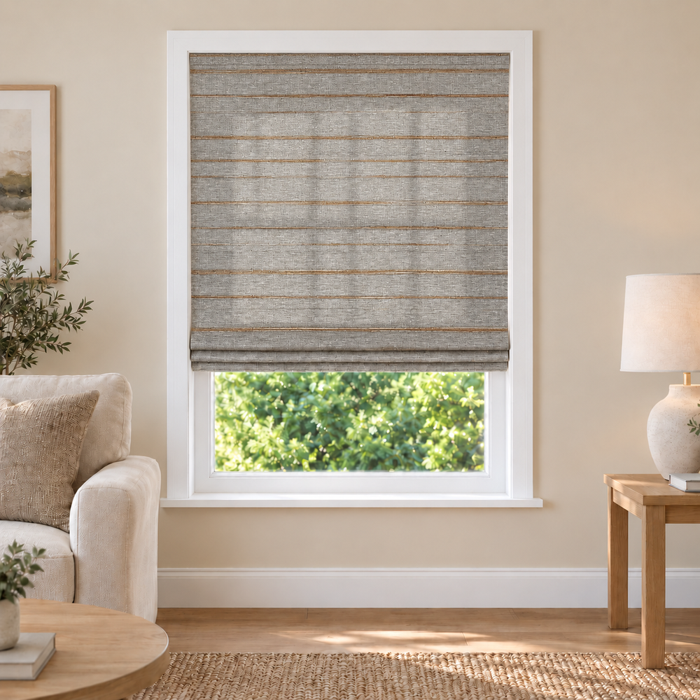 Fredesigner NU03 woven shade in a furnished American living room